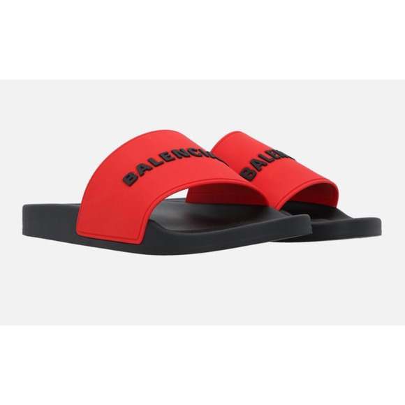 Balenciaga Black Red Bicolor Rubber Logo Slide Pool Sandal Flip Flop Flat 45 12 - Picture 2 of 12